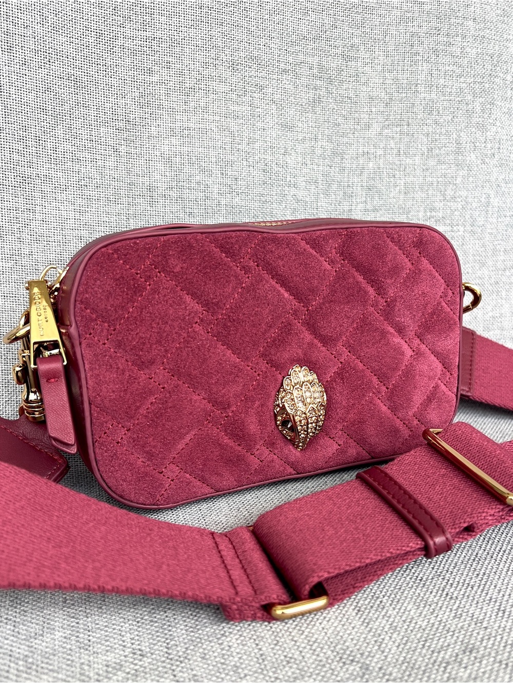 Kurt Geiger Kensington Crystal Eagle wide crossbody strap camera bag suede